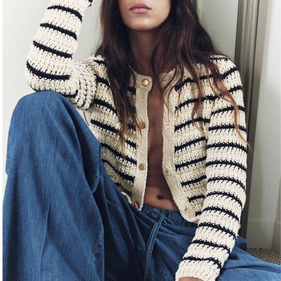 Zara women STRIPED KNIT CARDIGAN Black white stripes Gold button 6771/008 XL NWT - Picture 8 of 13